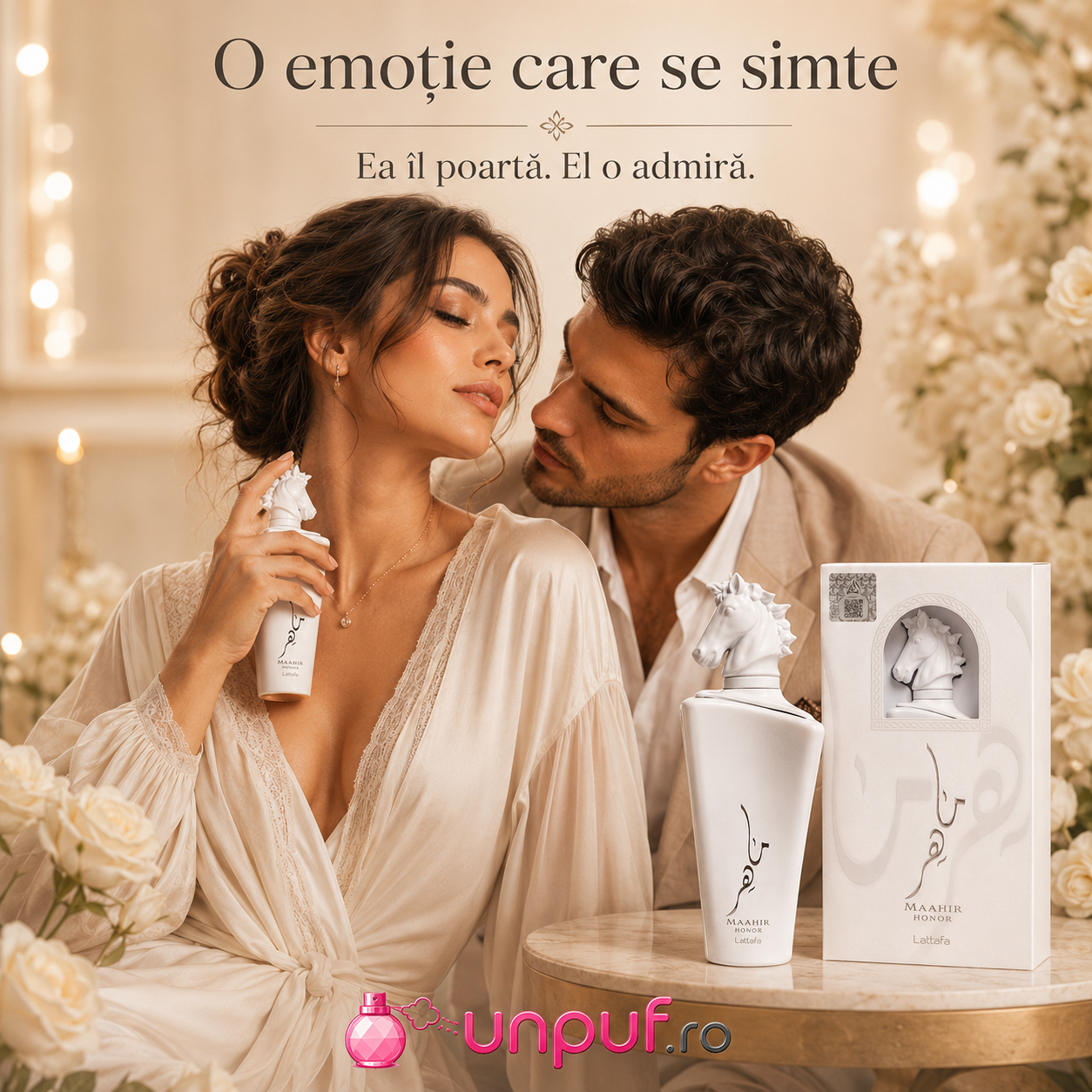 Prezentare parfum Maahir Honor Lattafa cu flacon alb, capac sculptural cal și ambalaj premium